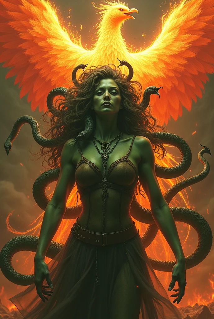 I want the Medusa to be very scary and fierce, with penetrating gaze, green and spitting venom from her snakes and behind her a phoenix, showing how it is reborn from its ashes and with its soul very extended and with fire wings and let both beings have a shine that their brightness is noticeable, let's say the Medusa's green and the phoenix's firelight yellow.On the contrary, the giant phoenix and the medusa should appear very large and with a bold pose., that the phoenix behind her is more noticeable and with fire wings, that the Fire is very noticeable, LET THE PHOENIX AND ITS FIRE BE NOTICED, MORE THAN THE SNAKES AND THE GREEN OF MEDUSA ARE SEEN AND HOW BIG THE PHOENIX IS. More Fire and More Snakessss. Medusa is a woman, Medusa is green and her eyes must be like those that petrify someone., More snakes is not Ursula, They are not octopuses, They are snakessss, Y MAS FUEGO EN EL FENIX 🗣️‼️ quiero que el fuego esté en el fénix y que en medusa se vea mínimo una serpiente como señalado igual hacia al frente quw quiere atacar a alguien, NO VEO A ESAS SERPIENTESSSS🗣️‼️ QUIERO VER LAS SERPIENTES ATACANDO A LA PERSONA DE FRENTEEEE
