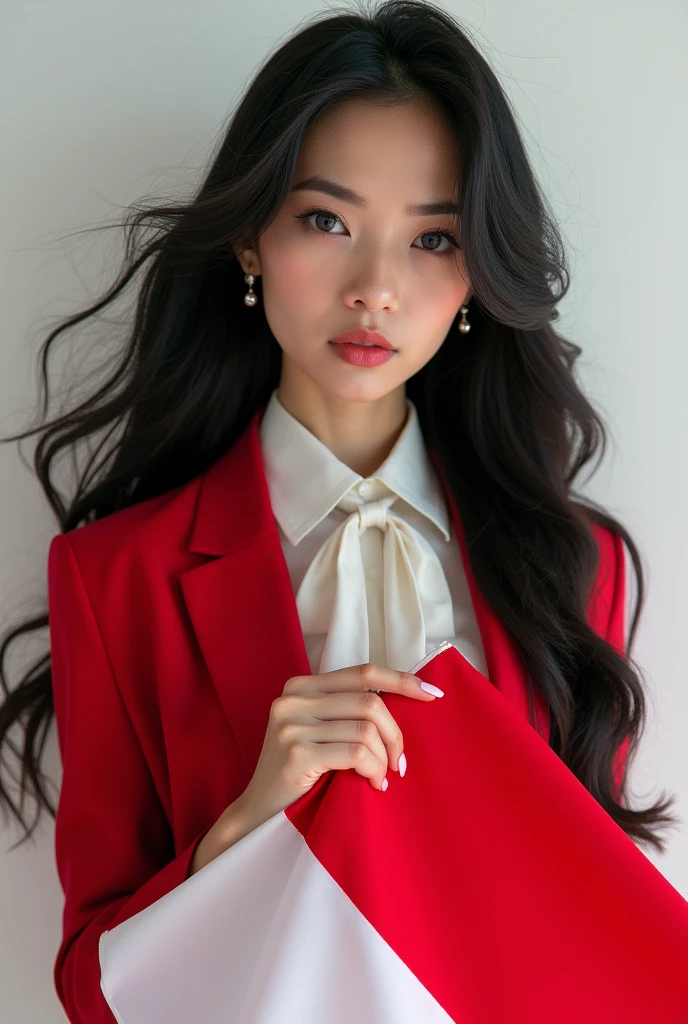 Portrait, Beauty Woman, Long Hair, Black Hair, Hold Indonesian Flag, Shirt, Focus Camera, Earring, Blazer Red, Tie, White Background