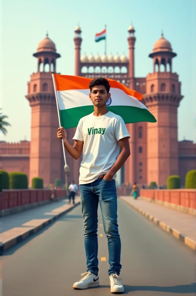 Generate a Realistic 20 years old boy, Wearing White T shirt blue jeans sneakers and the name "Vinay " is written on his t-shirt and the boy is standing on the road with holding a national flag of India, and behind him is the Red Fort Delhi. And written on sky "Independence Day" Create Realistic image high quality