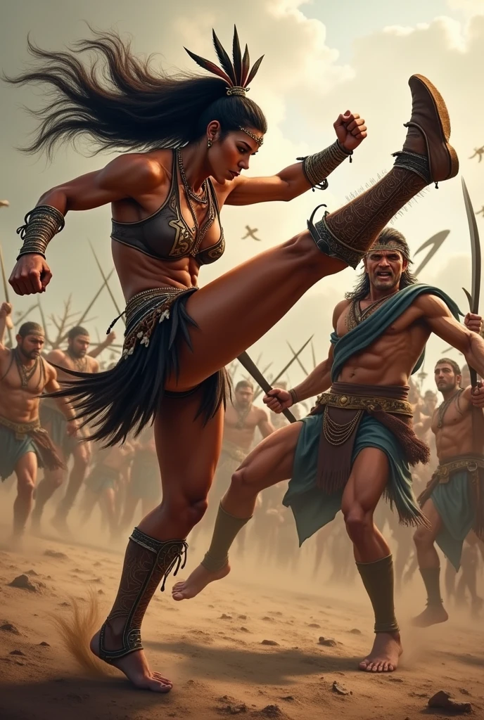 A indian very muscular warrior queen made a flying kick to an enemy man
