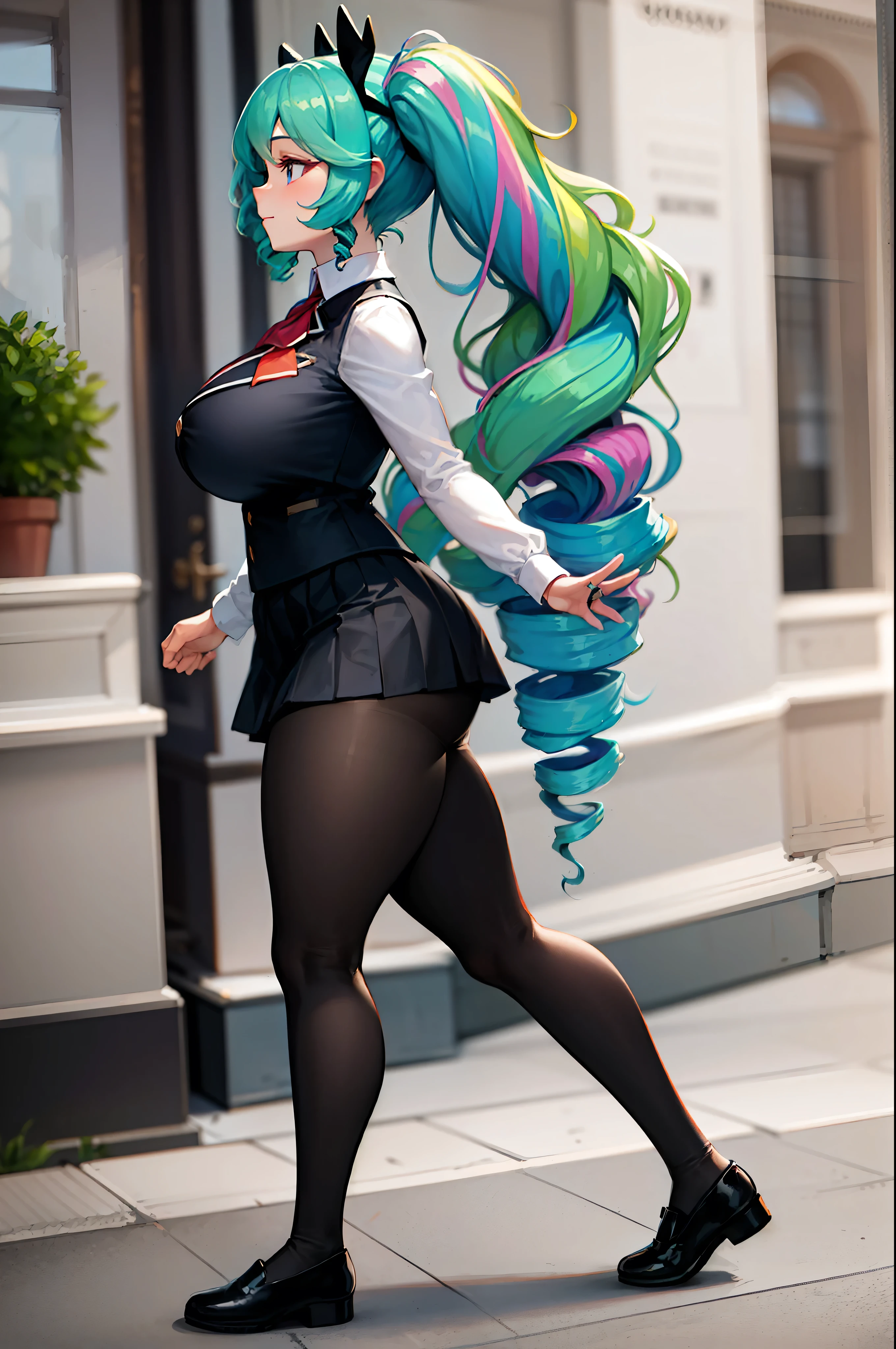 (From the side), Walking princess_celestia wearing a Black Uniform, avert your eyes, the scene is a city street, extremely long hair perfect anatomy tall alone curvy ((Muscular)) leggings toned body, Highest quality, masterpiece, One girl, alone, alone focus, giant curly Twin tails, (Twin tails, Drill), ojou-sama, Black Uniform, red tie with a white cross, Black Pantyhose, brown Mary Jane shoes, Black pleated skirt, beautiful blue eyes, Large Breasts, Thick thighs, Are standing,