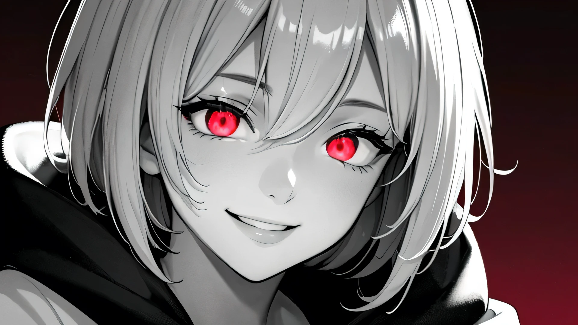 Highest quality, masterpiece,4k 8k wallpapers, One person, short hair, hairpin, hoodie, (((Close-up photo))), (((Monochrome:1))), Red background, ((smile looking)), View your viewers, Glowing Eyes, Glowing Eyes, Half Body