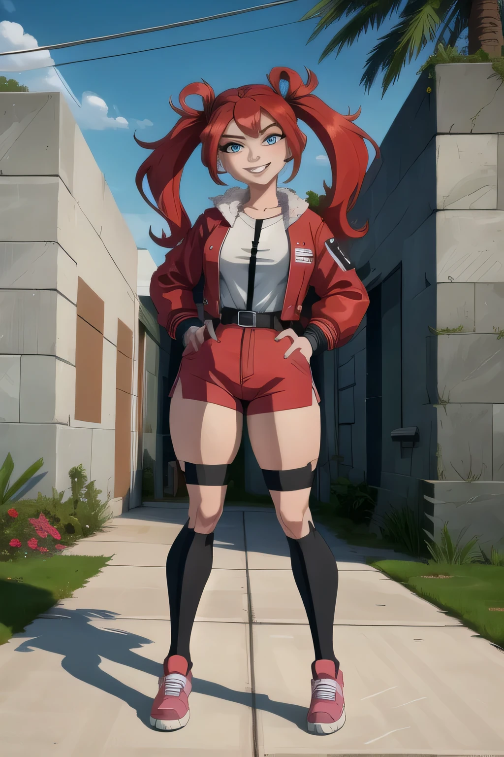 Alice,twintails,red eyes, blue hair, smirk, pink overall shorts, white shirt, white knee pads, pink shoes, pink jacket, upper body, smile, standing, outdoors, city, (insanely detailed, beautiful detailed face, masterpiece, best quality) A highly detailed and realistic 3D model of a young woman standing confidently in front of an orange wall. She has red hair styled in twintails and blue eyes. She is wearing a red jacket over a black dress, black gloves, and thigh-high white socks. She has a pair of sunglasses resting on her head. The model should include subtle movement in her hair and the fabric of her jacket, as if a gentle breeze is passing through. The scene is set on a concrete surface with shadows cast on the ground, providing a realistic urban environment. The background should be simple and indoors with neutral colors. The model should be photorealistic and highly detailed, showcasing the character's stylish and modern look. Ensure that the model captures her confident posture and natural proportions, with special attention to the detailed outfit and accessories.