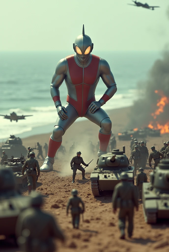 ultraman squats and farts at army day bomb . sea, beach . everywhere lot of soldier in battlefield.world war 2. tilt shift photography. lot of war. tank.aircraft 1940. air drop