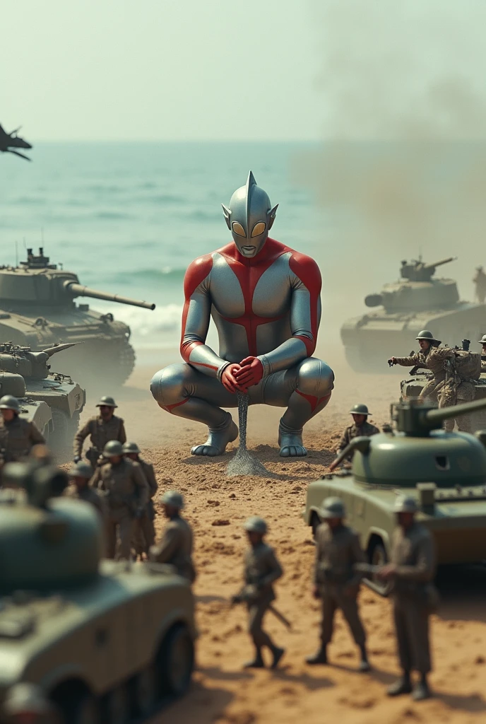 ultraman squats and farts at army day bomb . sea, beach . everywhere lot of soldier in battlefield.world war 2. tilt shift photography. lot of war. tank.aircraft 1940. air drop