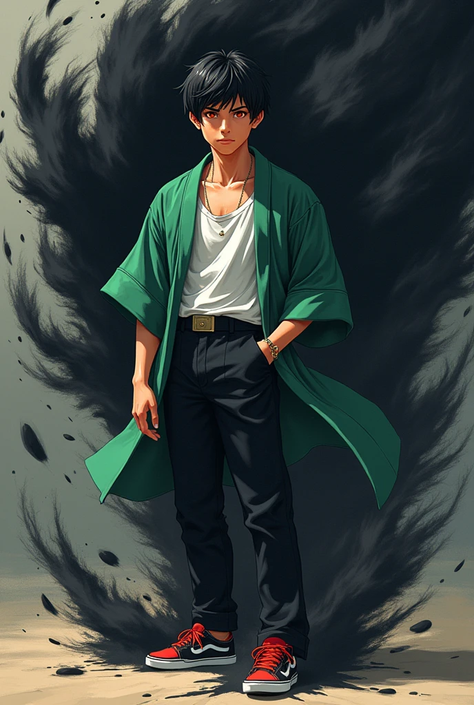 Create an illustration of an 18-19 year old boy,short black hair with orange eyes, giant burn scar on the left side of the face, skin fair, wearing an open green haori, white undershirt, black pants and a pair of red and black sneakers, transforming his right side into black sand and manipulating a black sandstorm.