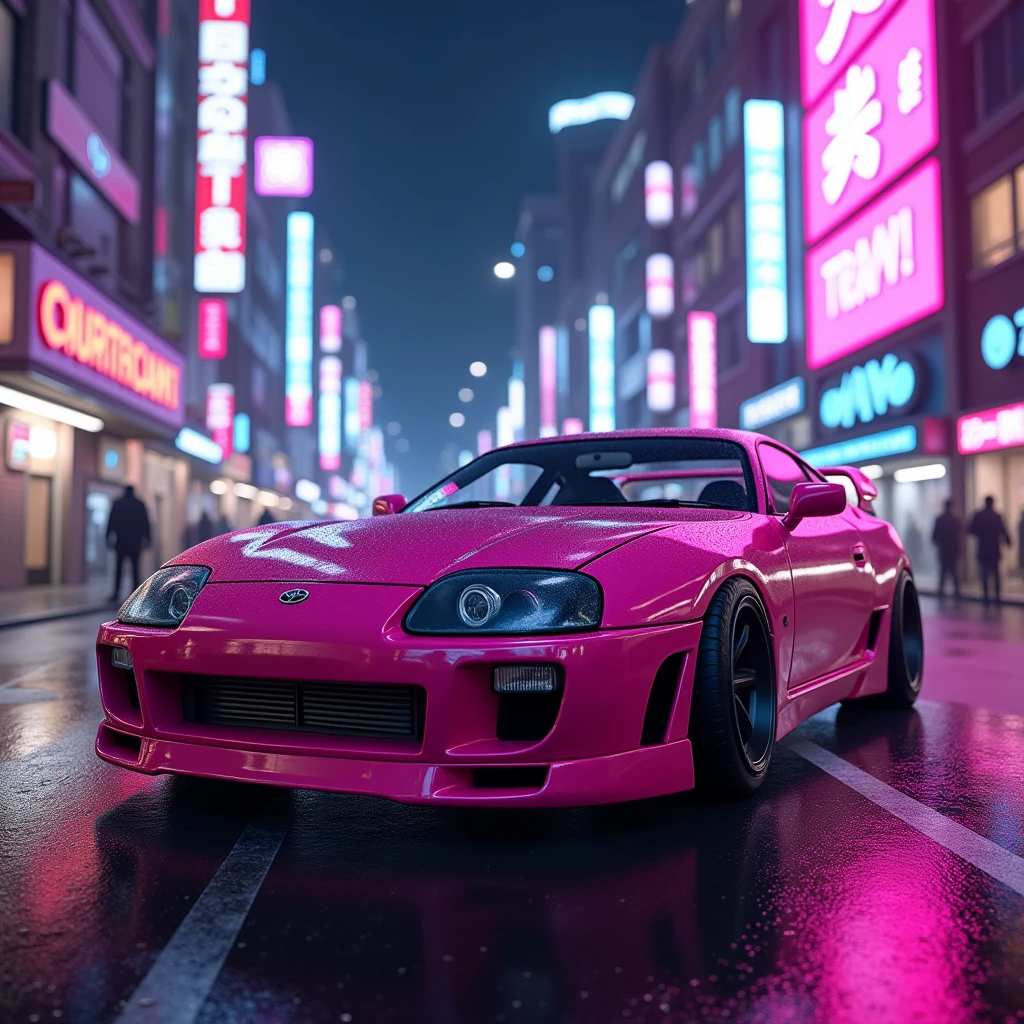 Generate an image of a pink Toyota Supra MK4 in a 90s Japanese Tokyo setting with purple and pink neon lights.