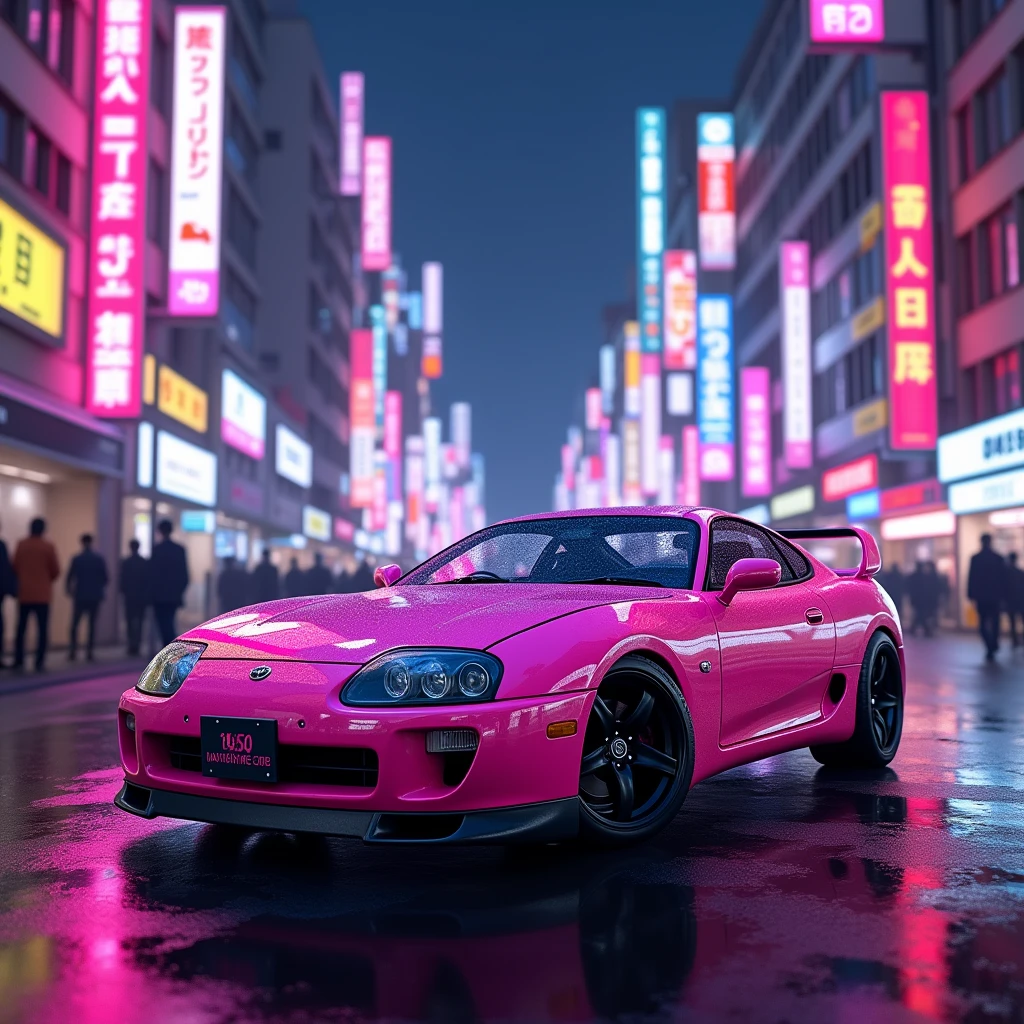 Generate an image of a pink Toyota Supra MK4 in a 90s Japanese Tokyo setting with purple and pink neon lights.