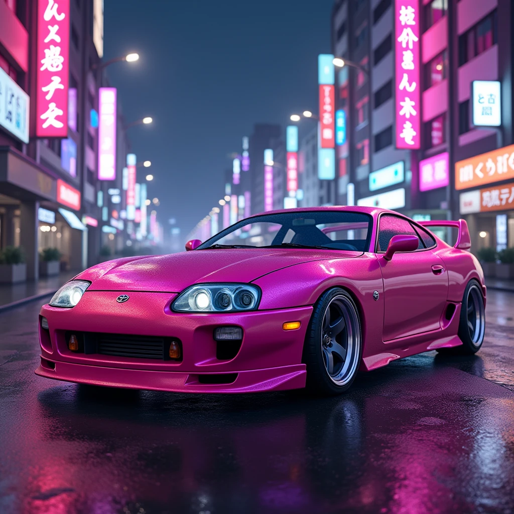 Generate an image of a pink Toyota Supra MK4 in a 90s Japanese Tokyo setting with purple and pink neon lights.