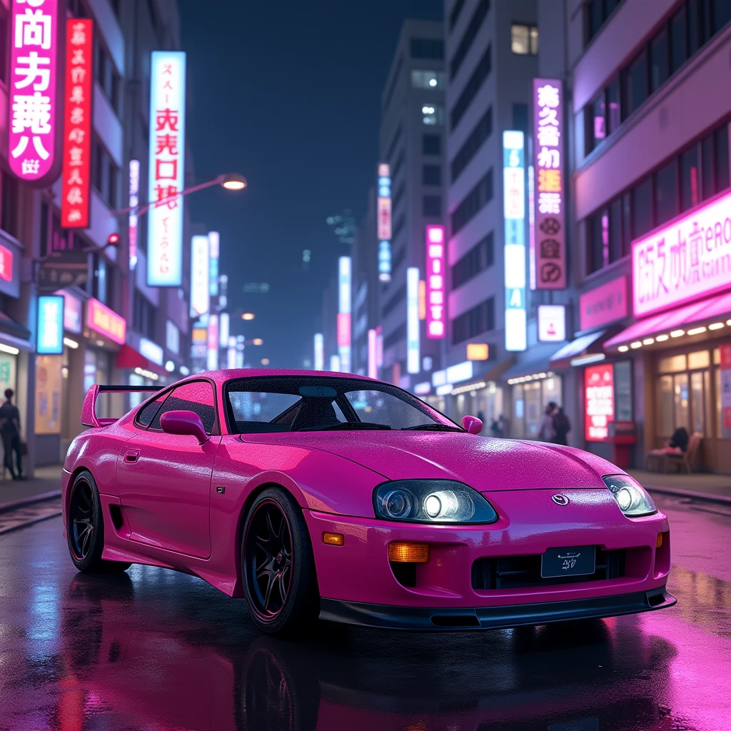 Generate an image of a pink Toyota Supra MK4 in a 90s Japanese Tokyo setting with purple and pink neon lights.