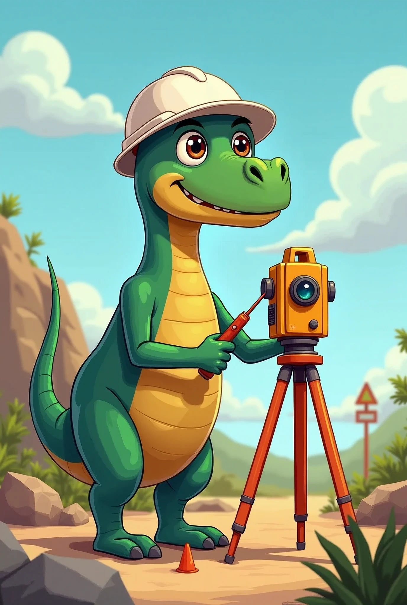 Cartoon of a surveyor dinosaur wearing a white helmet, survey station