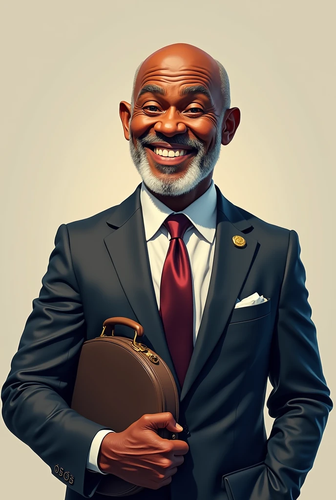 Drawing Bald elderly black man Flashy smile Afro nose Brown eyes With formal clothes in the Agostinho Carara style Formal briefcase Round face