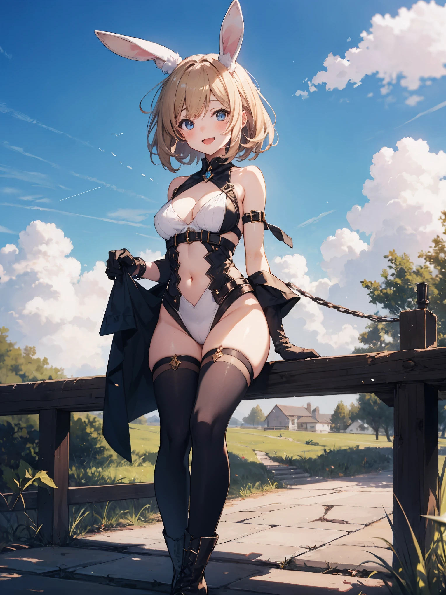 GRANBLUEfantasy,1ung_tegirl,brown_hair,medium_bob_hair,platina_blond_hair,white_leotard,covered_crotch,thigh-highs,smile,standing,bluesky_landscape_background,slightly_spread_legs,happiness, short_gloves ,solo, r18, navel,relicbuster,short,boots,open_mouth,sitting,knees,blush,shy,bunny_ears