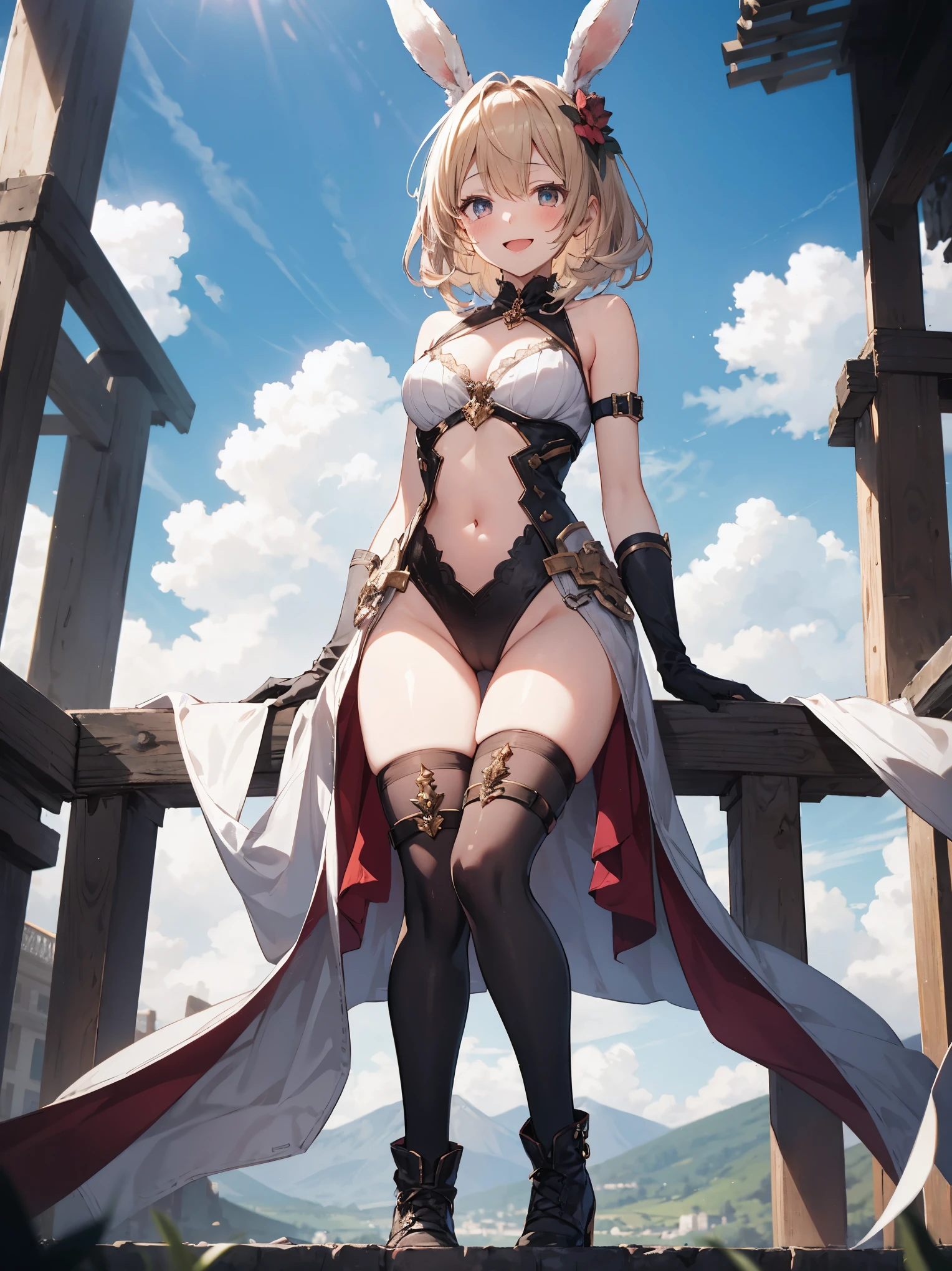 GRANBLUEfantasy,ung_teeirl,brown_hair,medium_bob_hair,platina_blond_hair,white_leotard,covered_crotch,thigh-highs,smile,standing,bluesky_landscape_background,slightly_spread_legs,happiness, short_gloves ,solo, r18, navel,relicbuster,short,boots,open_mouth,sitting,knees,blush,shy,bunny_ears