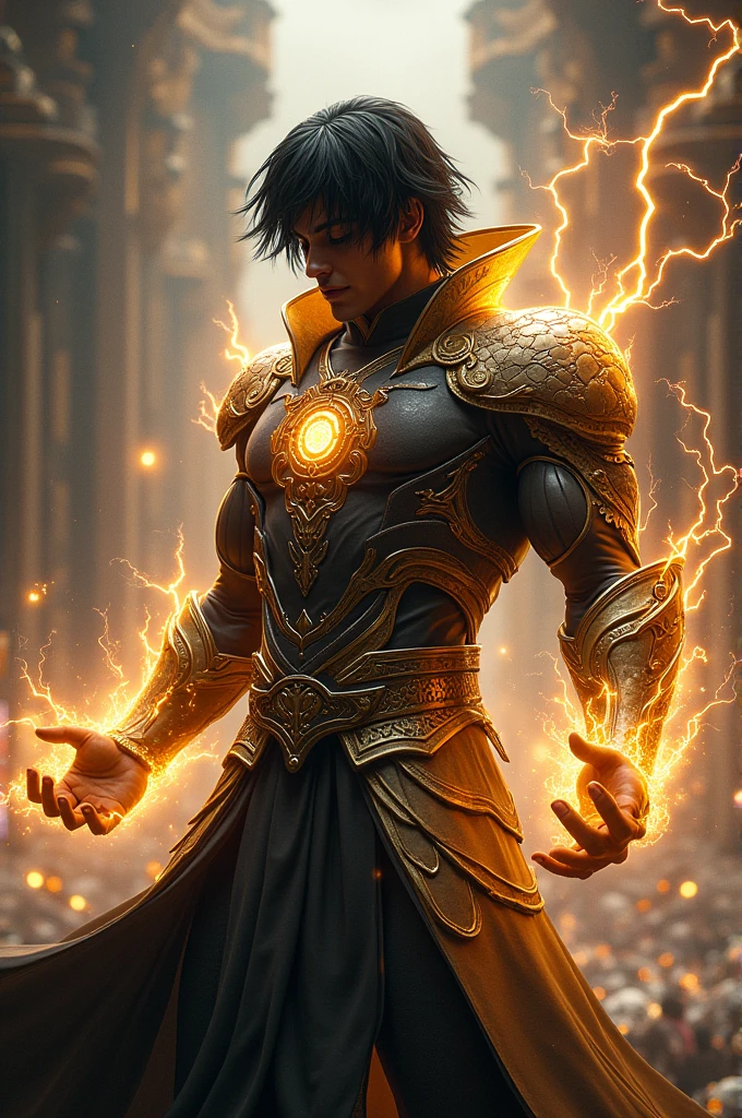 a dark-skinned man with black hair and a large fringe covering his eyes. He wears a black and gold attire, He exudes power and elegance. His attire is adorned with details that shimmer like lightning and his posture is imposing. He possesses the power to control thunder, with lightning bolts emerging from his hands and enveloping his body when he uses his powers. The scenery around him might be illuminated by flashes of electricity, showcasing the magnitude of his abilities.