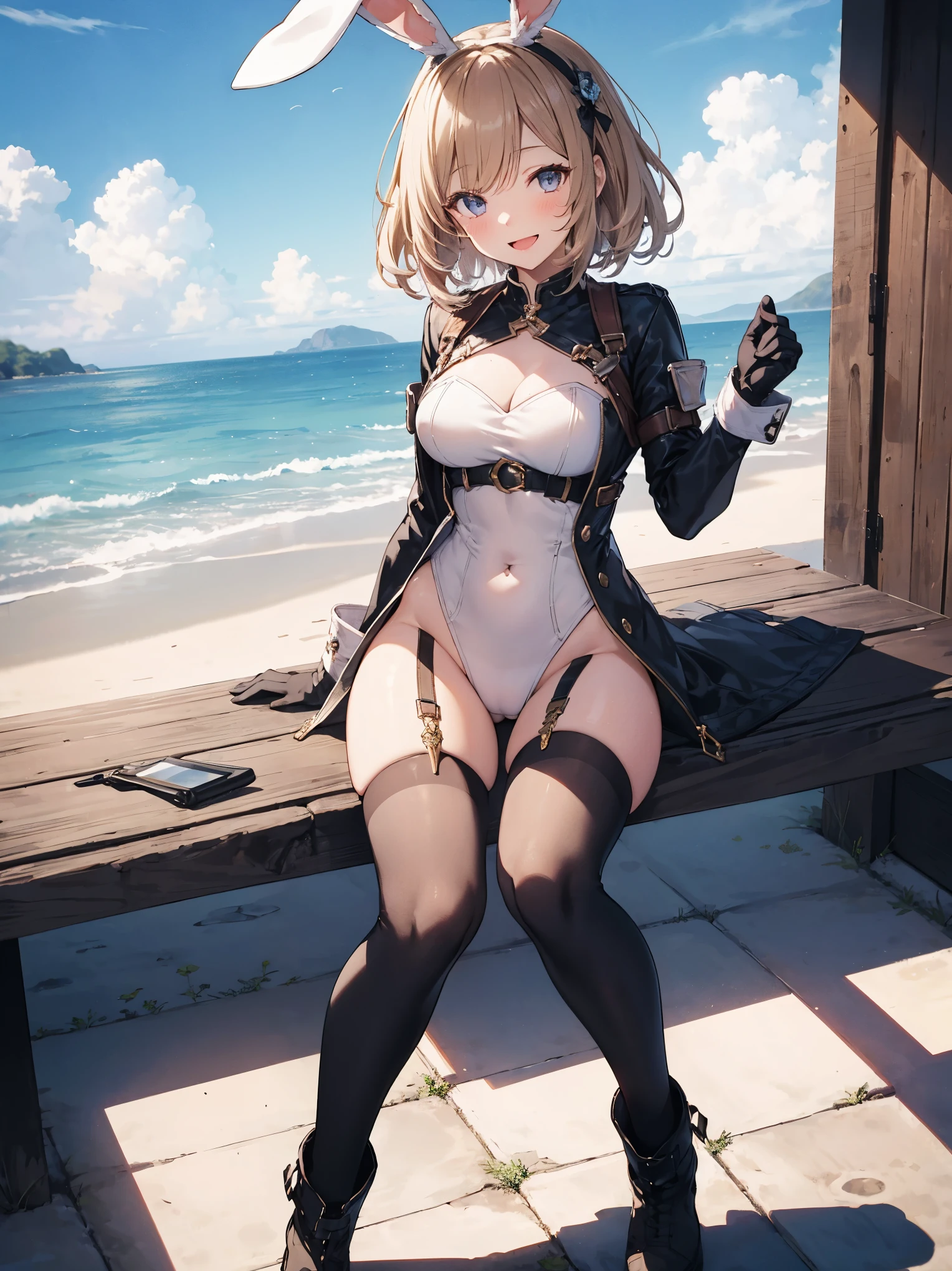 GRANBLUEfantasy,ung_teeirl,brown_hair,medium_bob_hair,platina_blond_hair,white_leotard,covered_crotch,thigh-highs,smile,standing,bluesky_landscape_background,slightly_spread_legs,happiness, short_gloves ,solo, r18, navel,relicbuster,short,boots,open_mouth,sitting,knees,blush,shy,bunny_ears