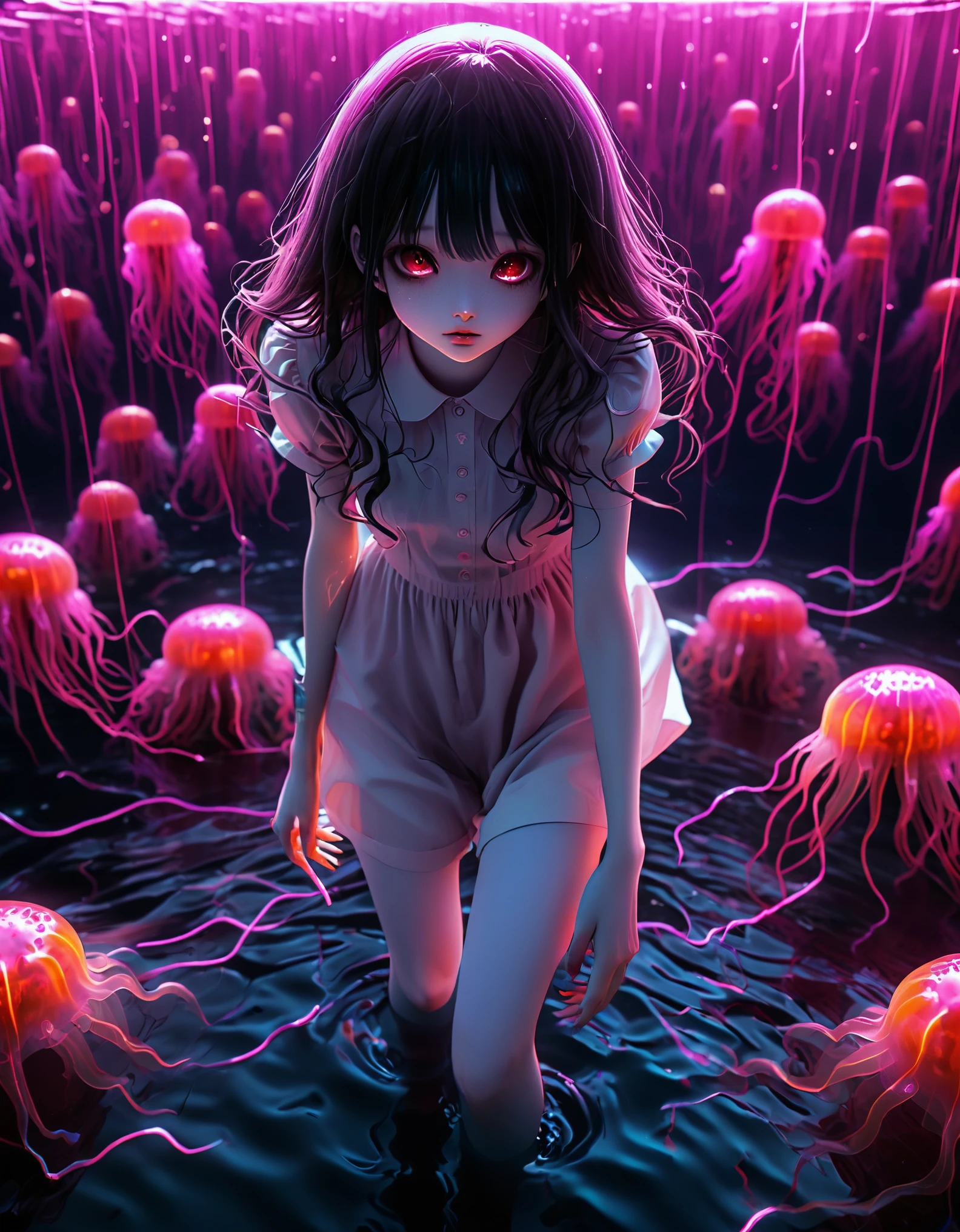 surreal horror, anime style, directed by Junji Ito, high contrast, vivid colors, eerie atmosphere, psychological tension, intricate line work, electric jellyfish