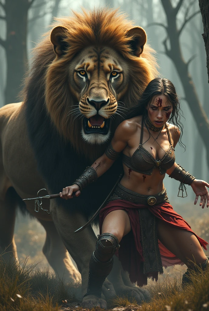 350463809 sexy warrior, medium and naked breasts, battle skirt, in a gloomy environment, devastated forest, ultra realisitic, 8k, hair and face with blood, very detailled, struggling pose, Fighting a lion 
