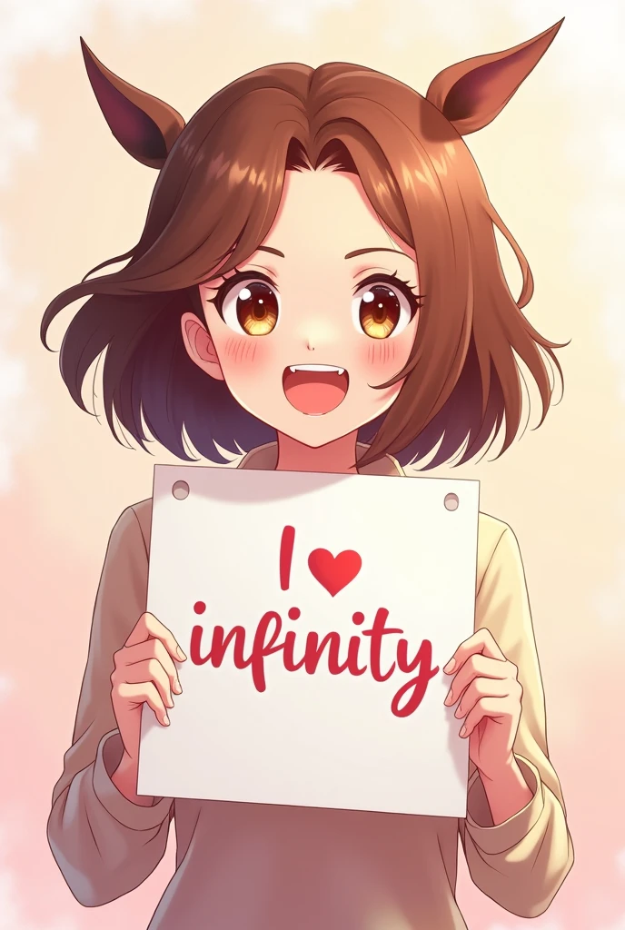 a beautiful and cute woman holding a sign "I love infinity", happy, happy, animated illustration, photorealistic, Ken Sugimori art style