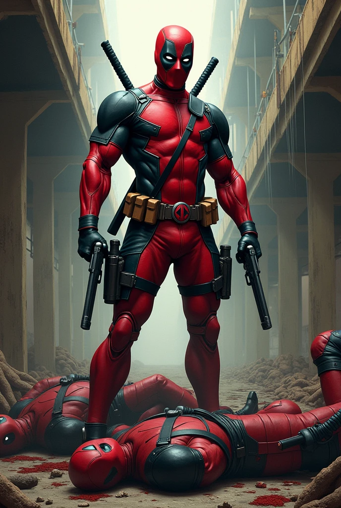 Deadpool posing over dead enemies. Apply the art style of Yoji Shinkawa