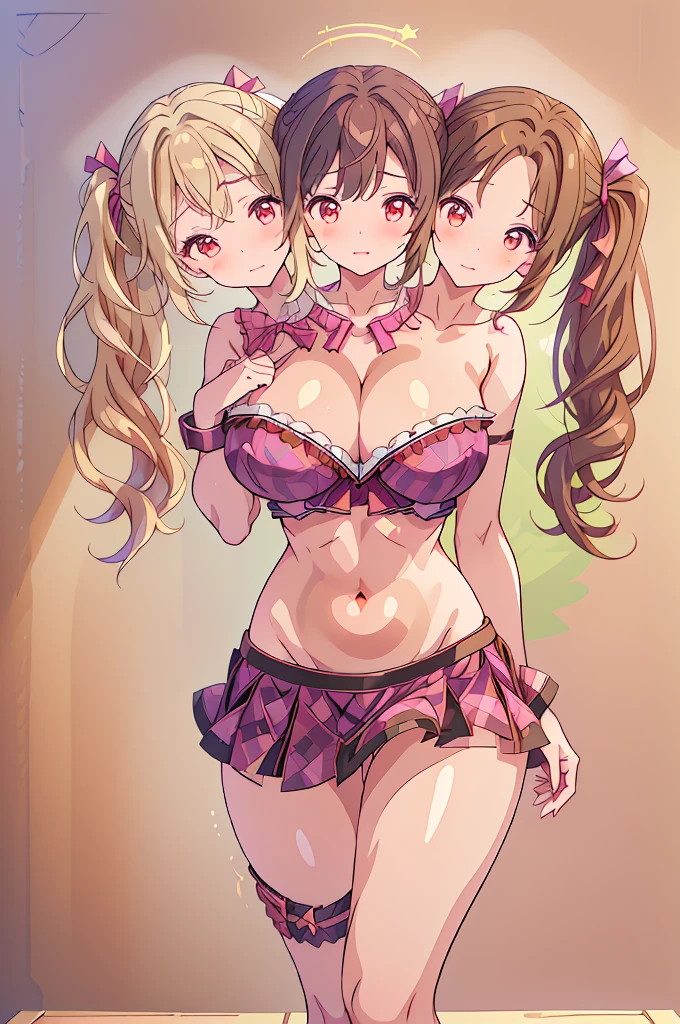 (masterpiece, best quality), best quality, (ultra-detailed), ((3heads:1.5)), 1girl, (hatate himekaidou:1.3), masterpiece, best quality, ultra quality, ultra resolution, ultra detail, pinkish top, with purple trim, crop top, ((stomach)), midriff, ((groin)), black/purple checker pattern skirt, normal ears, shackles, long brown hair, (twintail hairstyle:1.5), pigtails, brown eyes, parted lips, detailed eyes, smiling, soft smile, cute, toned belly, hand on own chest, eyelashes, (24 year old woman:1.3), (masterpiece:1.5), (best quality:1.5), (beautiful detailed), extremely detailed CG, extremely delicate and beautiful, depth of field, (finely detailed face), (perfect details:1.2), (mature female:1.3), wide pelvis, slender, large veiny breast, 16k resolution, highres, very high quality, very high definition, extremely detailed, masterpiece, brown hair, twintails, alluring presence, short skirt, close up, very big tits, huge breasts, young, girl with three heads, three headed girl,
