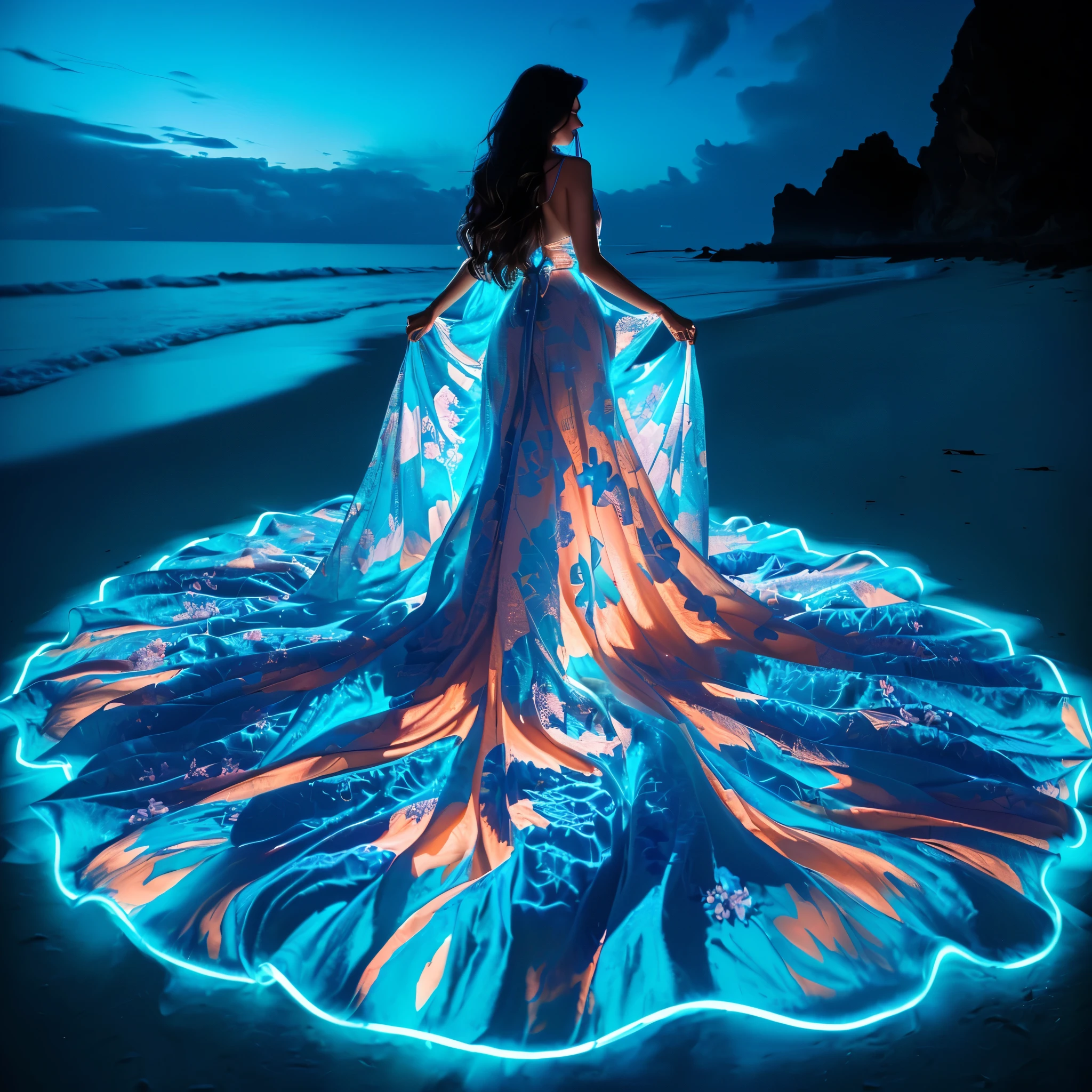Young woman in a glowing dress is standing on the beach, flowing magical robe, lady with glowing flowers dress, luminous dress, light dress, blue swirling dress, glow wave, dress made of neon light, glowing flowing hair, magical dress, flowing robes, glowing with magic, luminescent fabrics, glowing oil, rippling fabric of reality, glowing liquid