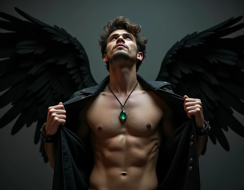 ((fallen Angel! large black angel wings! perfect composition)) ((Unintentionally exposing chest muscles.)) body hair, ((chest hair++)), elegant macho, male face, attractive face, Elegant and attractive, elegant hombre, Attractive man, elegant, posing attractive, Attractive man, 25 year old man!Raise your little head, Chimney ((first portrait!)) Headspace! Charming and serious look (hombre elegant,Minimal Dress, in an embarrassing position,Perfect body anatomy,Beautiful man face detail,perfect foot,perfect hand!Ultra low angle shot! An image of a character wearing a necklace with an emerald crystal, realistic muscles, human representation style, meritocracy, the romantic academy, State-sanctioned Violence, whole body, dark gym, coloring Waiting to start.
