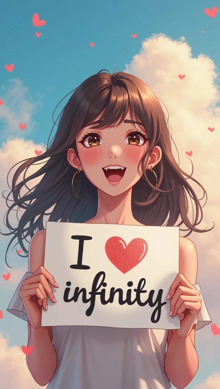 a beautiful and cute woman holding up a sign "i love infinity", joyful, happy, anime illustration, photorealistic, oil painting