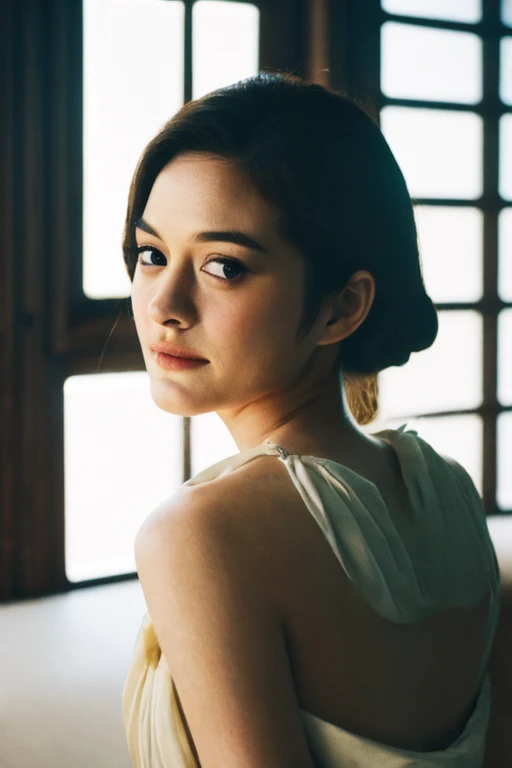 1girl, quite a bit body, Realistic photograph best quality portrait of a beautiful gorgeous young cute Asian woman, 21yo., looking at viewer, detailed face, Realistic texture human skin, very beauty long and slender bright glowing face, droopy hooded eyes, wavy nose, full wide lips, close lips wided smile, wind tousled ponytail, studio portrait, (((young Marion Cotillard blended face mixed with young Anne Hathaway))), wearing white wuxia clothing, hand up to swing up hair, flirting smiling portrayal, ethereal girl, intimate lighting sturdy, real photo, brown eyes, best quality, masterpiece, Leica SL3, Summicron-SL 75mm ASPH, F/1.8, (cinematic still:1.2), Film Never Die Kiro 400 film, bokeh, rim lighting, silhouette, shallowed depth of field,