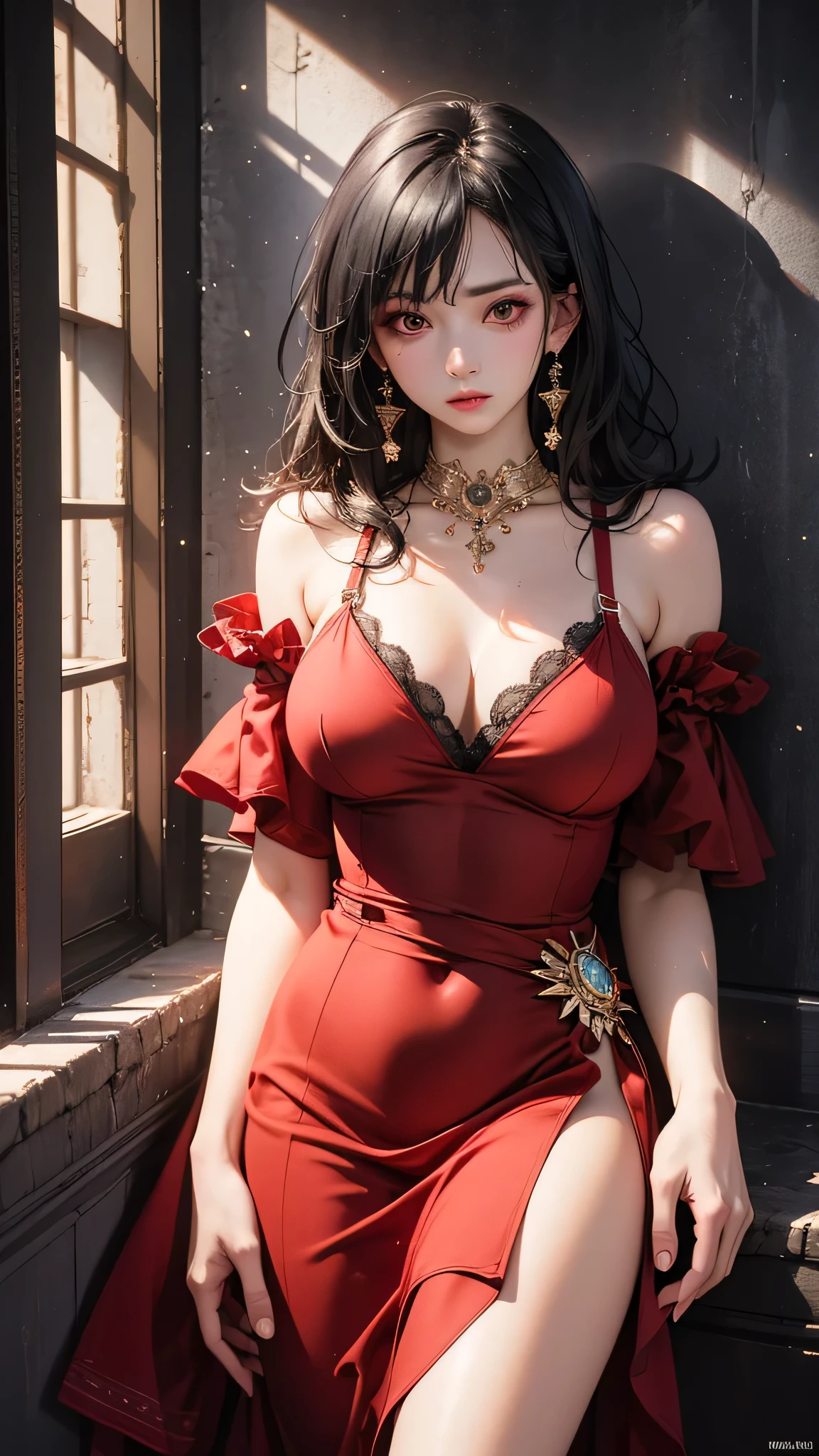 Highest quality, masterpiece, Ultra-high resolution, (Realistic: 1.4), RAW Photos, 1 person, Black Hair, Glowing Skin, Dramatic lighting, whole body,, Red dress, huge