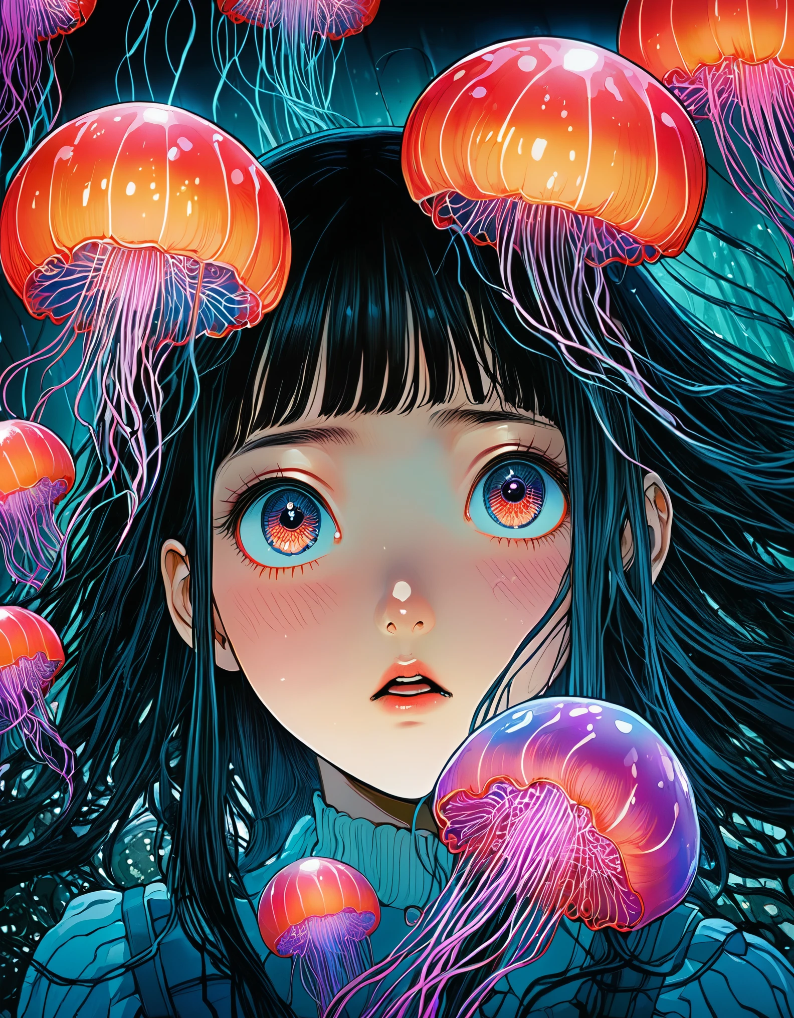 surreal horror, anime style, directed by Junji Ito, high contrast, vivid colors, eerie atmosphere, psychological tension, intricate line work, electric jellyfish