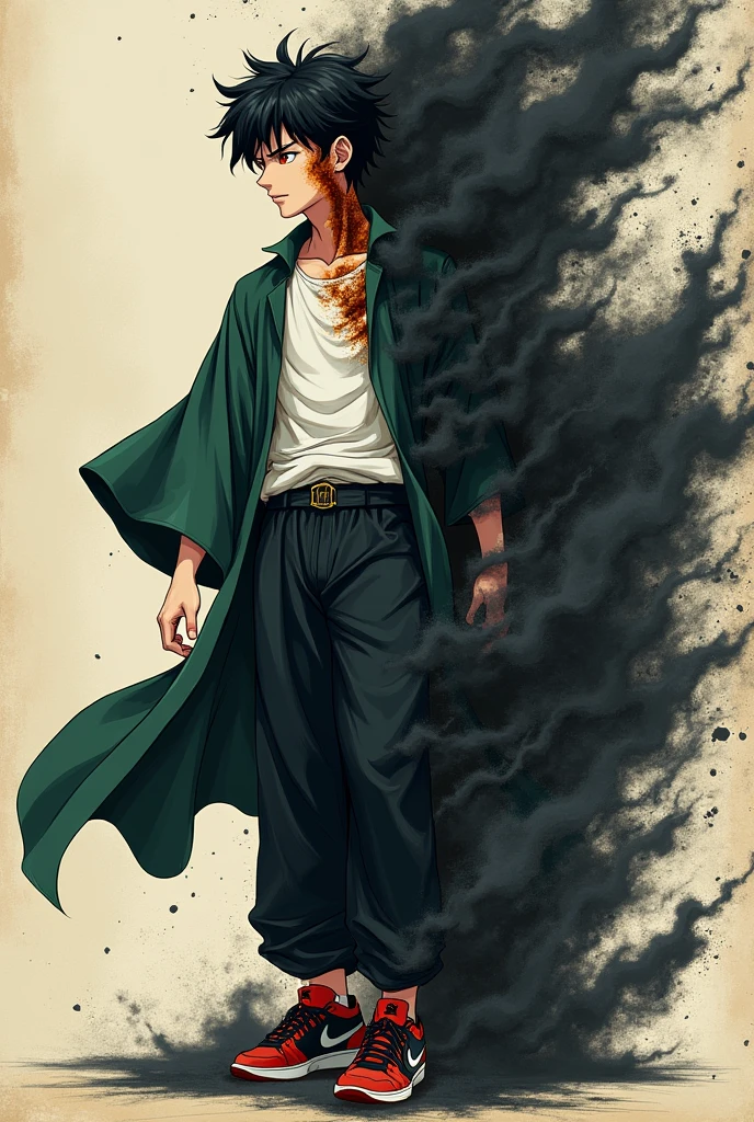 Create an illustration of an 18-19 year old boy,short black hair with orange eyes, giant burn scar on the left side of the face, skin fair, wearing an open green haori, white undershirt, black pants and a pair of red and black sneakers, transforming his right side into black sand and manipulating a black sandstorm.