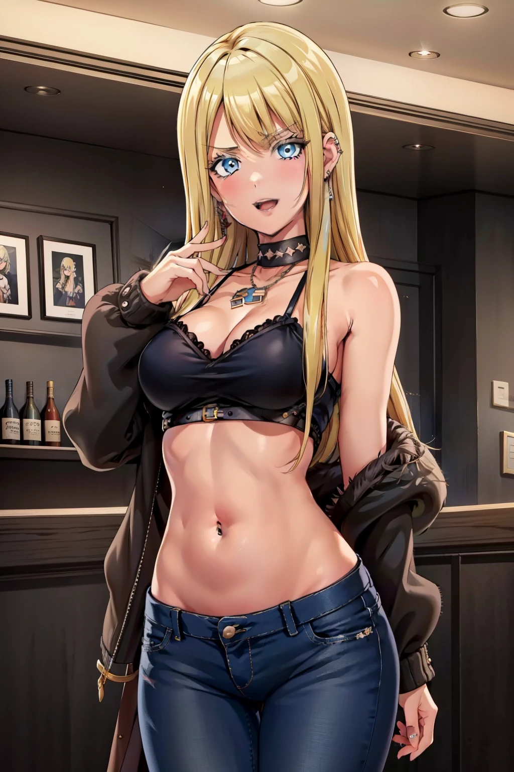 1girl, solo, blonde hair, blue eyes, long hair, large breasts, solo, mall, shopping center,indoors, blush, lipstick, jewelry, earrings, Hot girl, baddie, mean girl, sensual, attractive, masterpiece,high quality,4k, bare shoulder,belly,crop top,holding pistol,cleavage,casual dress, bar background, inside bar, indoor,smile, open mouth, (nsfw) not safe for work, evil expression, exposed belly, exposed navel, exposed midriff, exposed lower belly, crop top overhang, underboob,jacket, unbuttoned jeans , low rise black jeans, Low rise jeans, Low rise jeans with open fly, navel piercing
