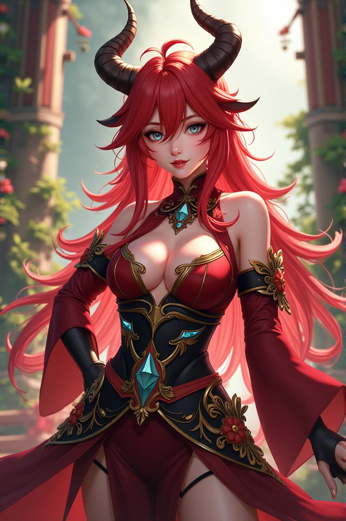 Nilou from Genshin Impact, red hair, horns