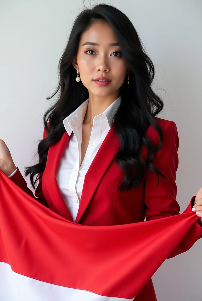 Portrait, Beauty Woman, Long Hair, Black Hair, Hold Indonesian Flag, Shirt, Focus Camera, Earring, Blazer Red, Tie, White Background