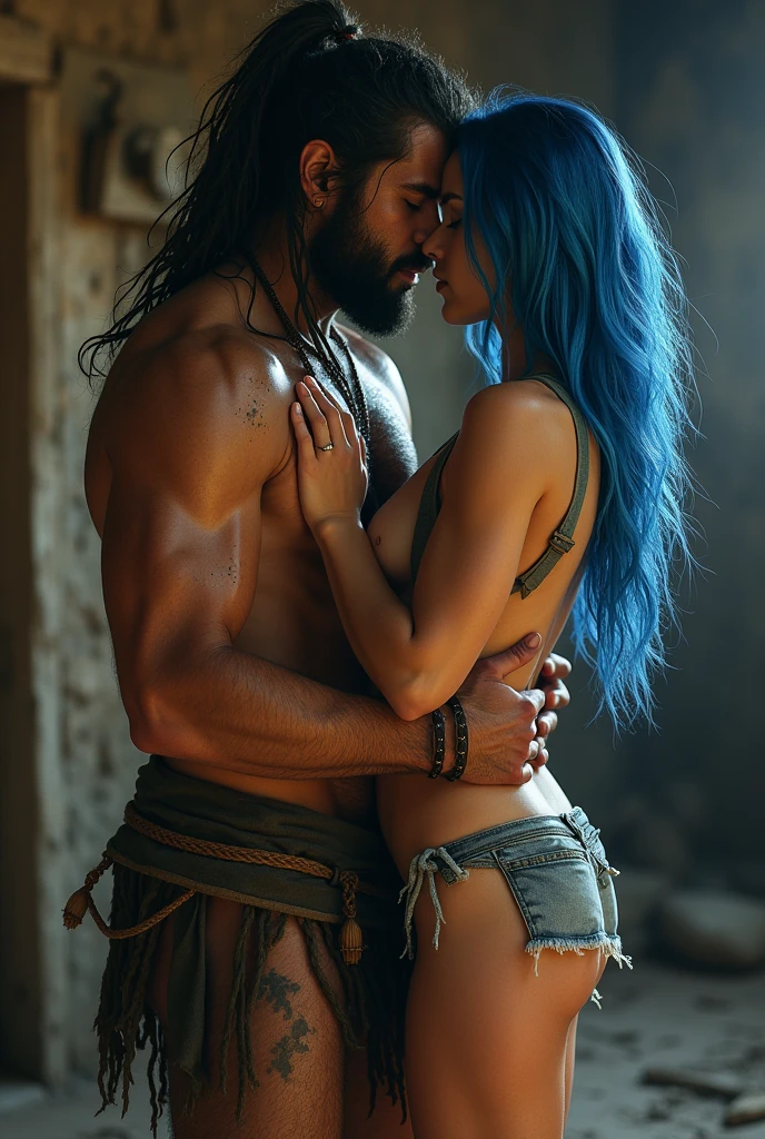 Skinny girl, , beautiful blue hair, ripped semi-naked clothes, having sex with a barbaric, muscular man, in a dirty stable, bodies sweating a lot, in ecstasy, Photo realistic, HD, ultra detailed.