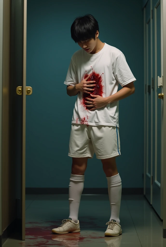 handsome age japanese boy, brown hair, painful stab wound in stomach, fainting, bleeding wound, pained and scared expression, blood on floor, bloody white tanktop, short pants and no socks, covering wound with tanktop, holding wound with bloody hand, in the fully-watered bathtub, slightly spreading blood in water, trail of blood, massive bleeding, detailed facial features, highly realistic, cinematic lighting, dramatic shadows, muted color palette, dramatic composition