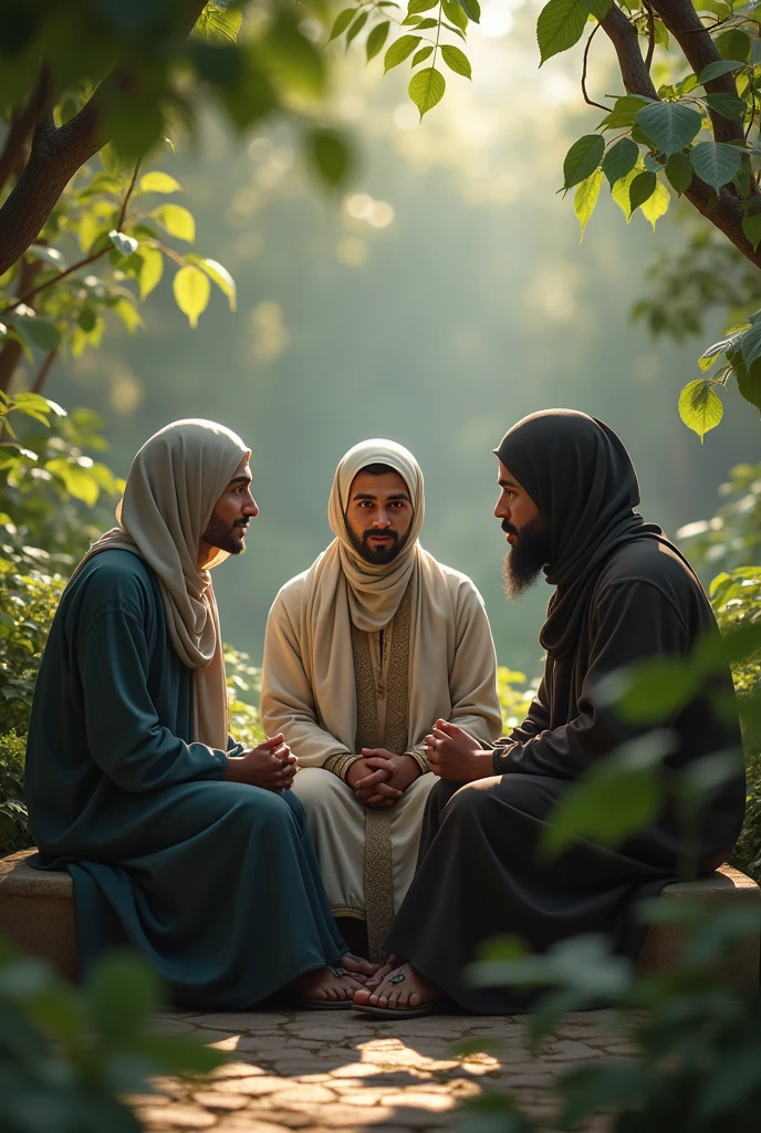 3 muslim person sitting and discussing full body image