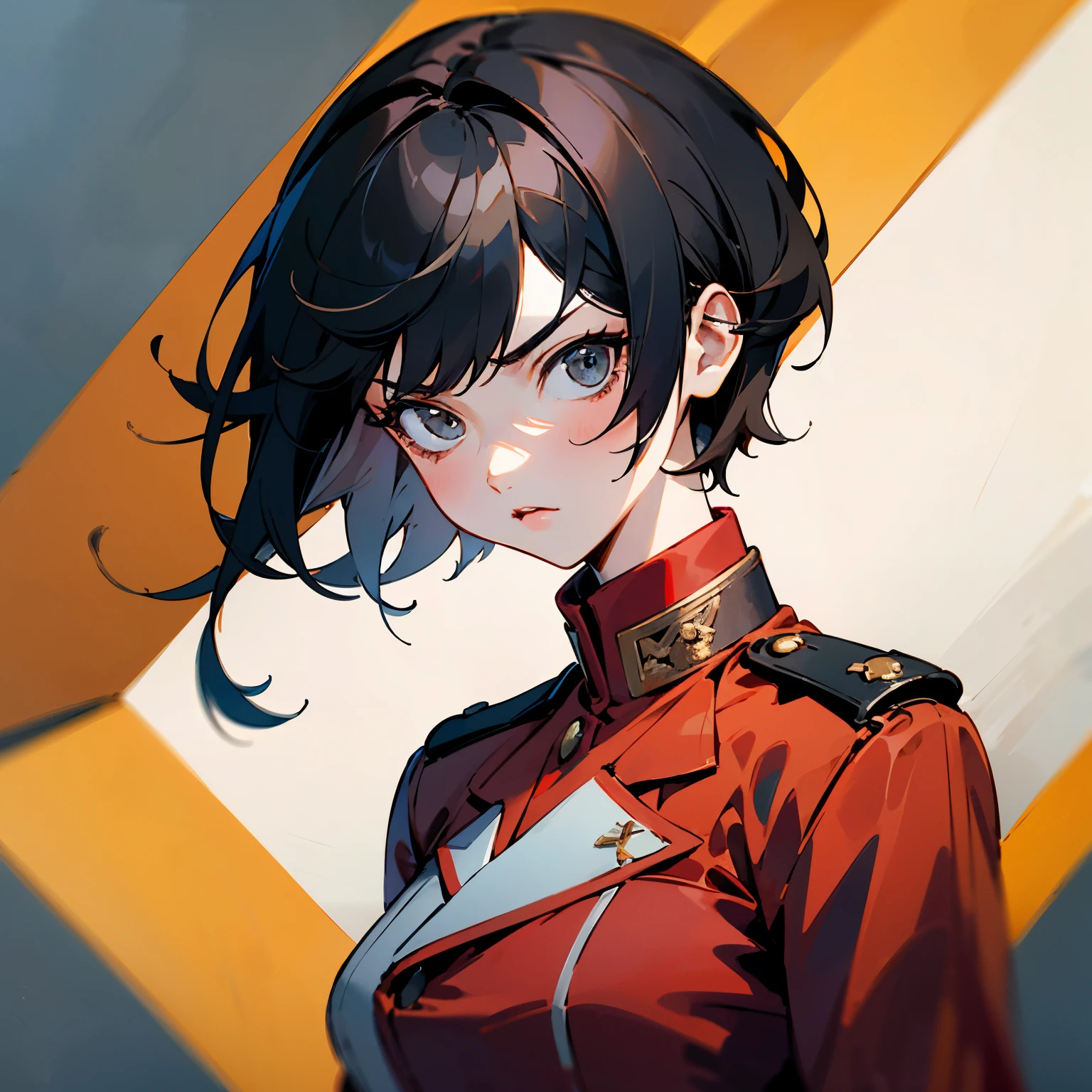 ((best quality)), ((masterpiece)), (detailed), 1girl, red military uniform, short hair, black hair, serious