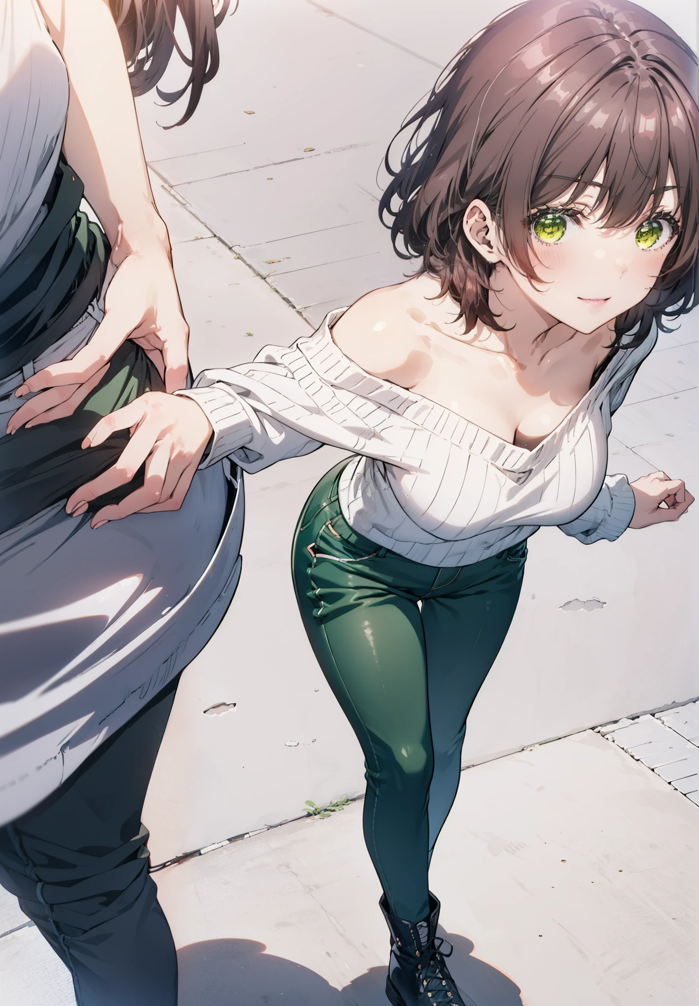 Seven days, Aoi Hinami, short hair, bangs, Brown Hair, (Green Eyes:1.5), smile,One-shoulder sweater,Bare arms,Short denim,Black pantyhose,short boots,Walking,whole bodyがイラストに入るように,
break outdoors,In town,
break looking at viewer,whole body,
break (masterpiece:1.2), Highest quality, High resolution, unity 8k wallpaper, (figure:0.8), (Beautiful attention to detail:1.6), Highly detailed face, Perfect lighting, Highly detailed CG, (Perfect hands, Perfect Anatomy),