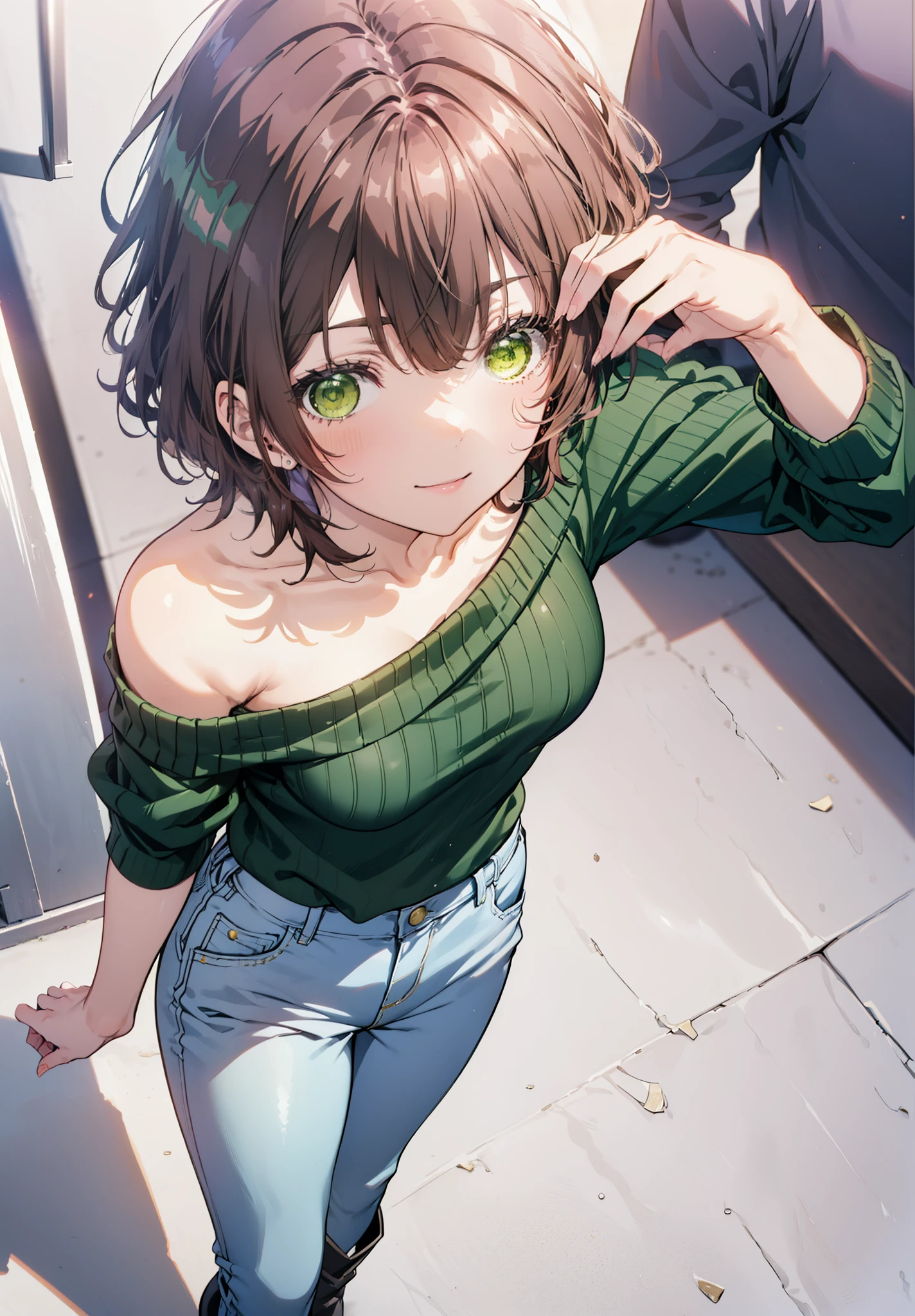 Seven days, Aoi Hinami, short hair, bangs, Brown Hair, (Green Eyes:1.5), smile,One-shoulder sweater,Bare arms,Short denim,Black pantyhose,short boots,Walking,whole bodyがイラストに入るように,
break outdoors,In town,
break looking at viewer,whole body,
break (masterpiece:1.2), Highest quality, High resolution, unity 8k wallpaper, (figure:0.8), (Beautiful attention to detail:1.6), Highly detailed face, Perfect lighting, Highly detailed CG, (Perfect hands, Perfect Anatomy),