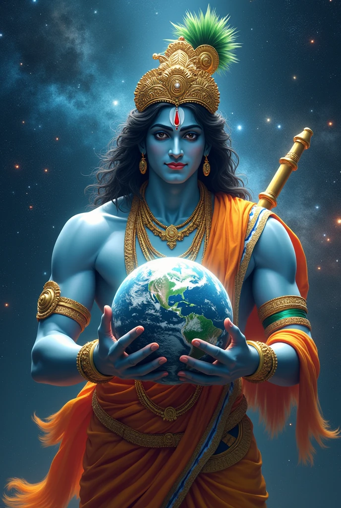 Lord krishna holding the Earth in divine protection, with the Indian flag glittering across the galaxy-a celestial symphony of patriotism and divinity
