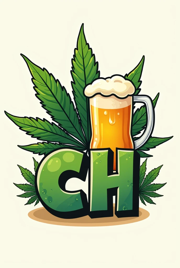 Can you create a square logo of a cool marijuana plant with a beer with the letters CH in cartoon style?