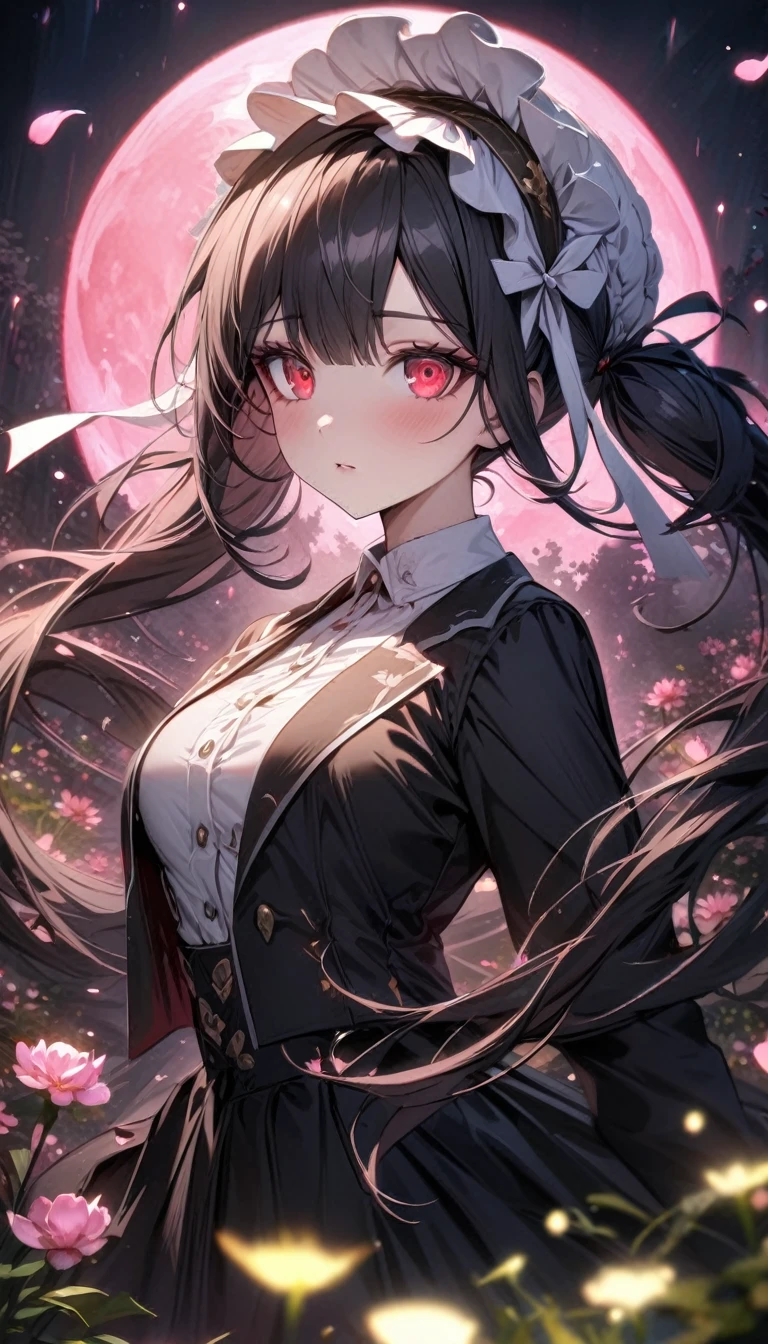 Ultra detailed, highres, absurdres, HDR, master piece, Celestia Luderbeng, black hair tied into two twin-drill pigtails, white bonnet, expressive red eyes, black jacket, white shirt, black skirt, Danganronpa, pink flowers, petals, fireflies, pink moon, woman, solo, extremely beautiful, very detailed face and eyes, best quality, fantasy, magical,
