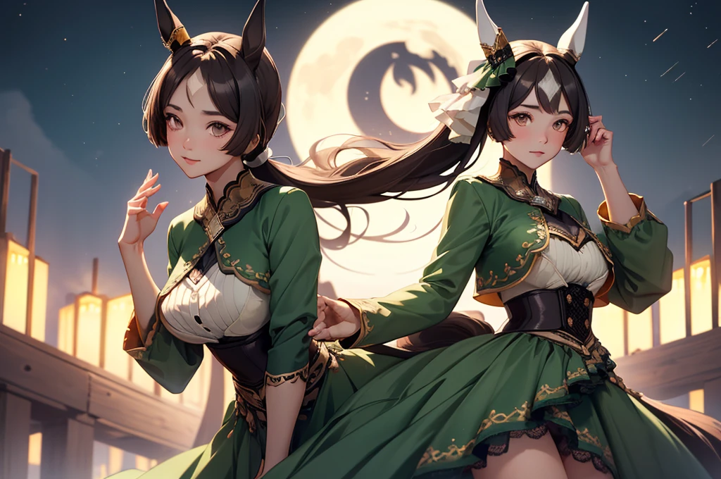 Black hair high ponytail、Provocative dark green ethnic clothing、Chest acupuncture、Side hole、Beautiful breasts、Beautiful girl with horse ears against the backdrop of a night view。Smiling at the camera、Raise your hands above your head、Depicting the body from the knees up