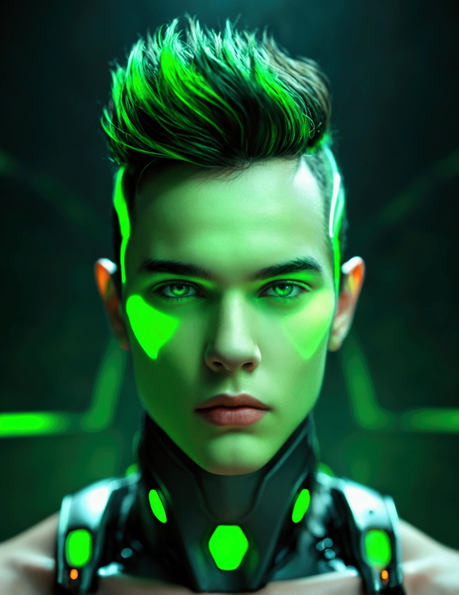 Highly detailed, 4K, high-contrast photograph of a young man with intricate cybernetic enhancements, pale skin, and a stern expression. Numerous green glowing elements are embedded in his face and head, resembling advanced technology. The dark and industrial background features additional green glowing orbs and mechanical components, enhancing the sci-fi atmosphere. The overall color scheme is dominated by dark tones and vibrant green highlights, creating a striking contrast and emphasizing the high-tech theme.