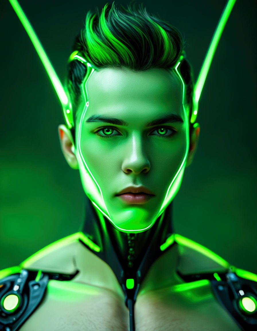 Highly detailed, 4K, high-contrast photograph of a young man with intricate cybernetic enhancements, pale skin, and a stern expression. Numerous green glowing elements are embedded in his face and head, resembling advanced technology. The dark and industrial background features additional green glowing orbs and mechanical components, enhancing the sci-fi atmosphere. The overall color scheme is dominated by dark tones and vibrant green highlights, creating a striking contrast and emphasizing the high-tech theme.