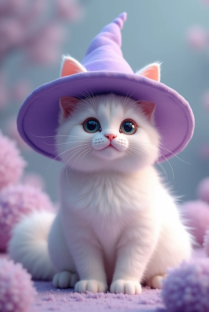 White cat with purple hat