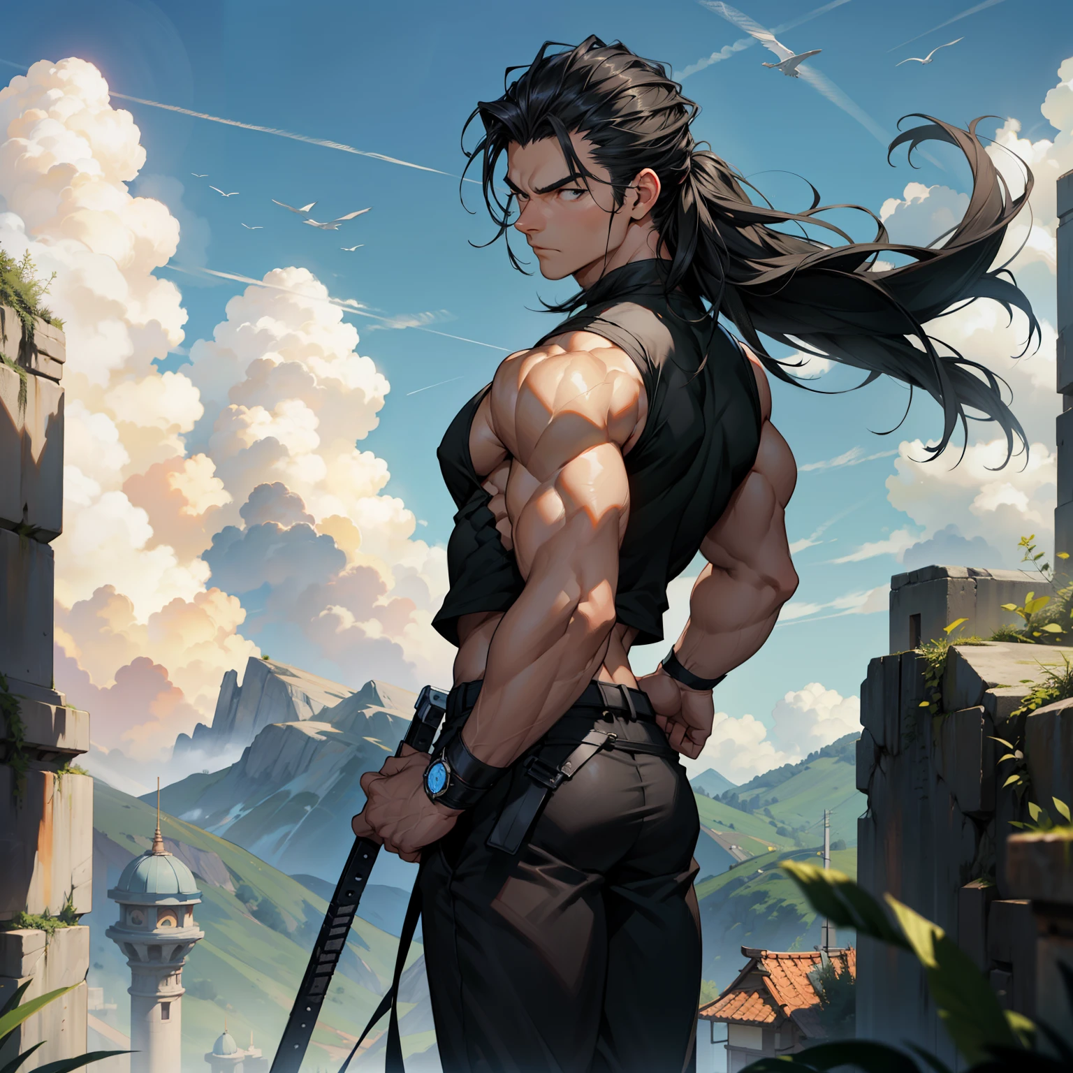 1boy, 26 Years old, Serious face, muscular, wearing black sleeveless t-shirt, black pants, black hair, slick back long hair, levitate on sky, blue sky, cloud, look back to viewrs