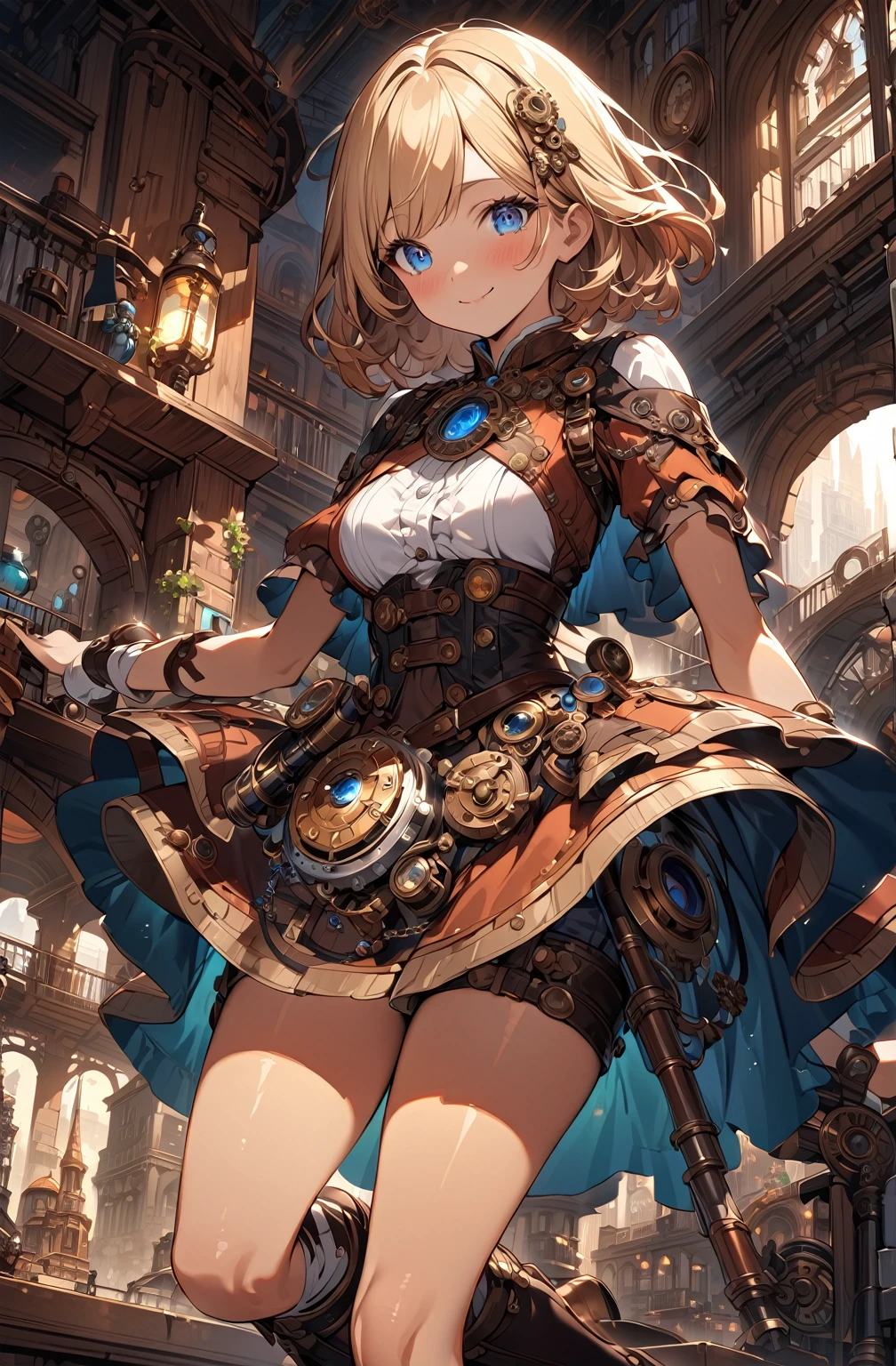 Create an illustration depicting a overlooking a steampunk cityscape. ((The girl has dark skin)), short blonde hair and shiny blue eyes. The girl should be standing in a vantage point, Rooftops, bridges, etc., Look down on the intricately designed steampunk city below. The cityscape should be meticulous and detailed, Showcase the intricacies of gears, pipes, And glamorous architecture. Her expression was、It should be one of the surprises and curiosities when observing a bustling city full of mechanical wonders, blimp, And glamorous architecture. Surround the scene with a warm atmosphere, Golden light to enhance the atmosphere, Emphasize brass and copper tones of steampunk elements. Capturing the adventurous spirit and charm in the eyes of a girl, Reflecting the charm of the fantastic steampunk world around her. The whole illustration should have a nostalgic vibe, Girl smiles. highly detailed, vibrant appearance, creative behavior, extremly detailed, imaginative, sensual, spontaneous, highest quality, skin texture, intricate details, (cinematic lighting), RAW photo, 8k, masterpiece,best quality,ultra-detailed,very detailed illustrations,extremely detailed,intricate details,highres,super complex details,extremely detailed 8k cg wallpaper,((The girl has dark skin)),((The girl has dark skin)),